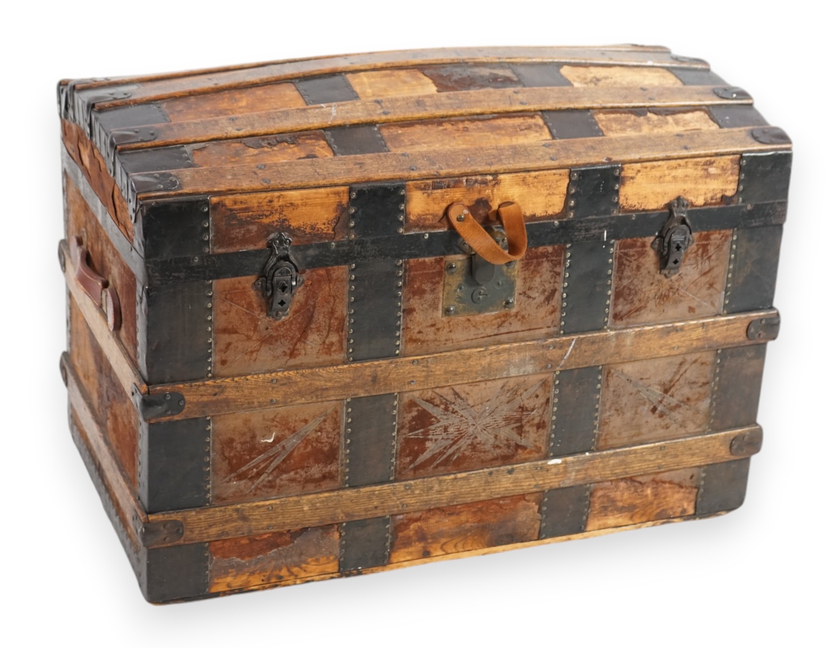 A late Victorian slatted and iron bound leather cover domed top trunk